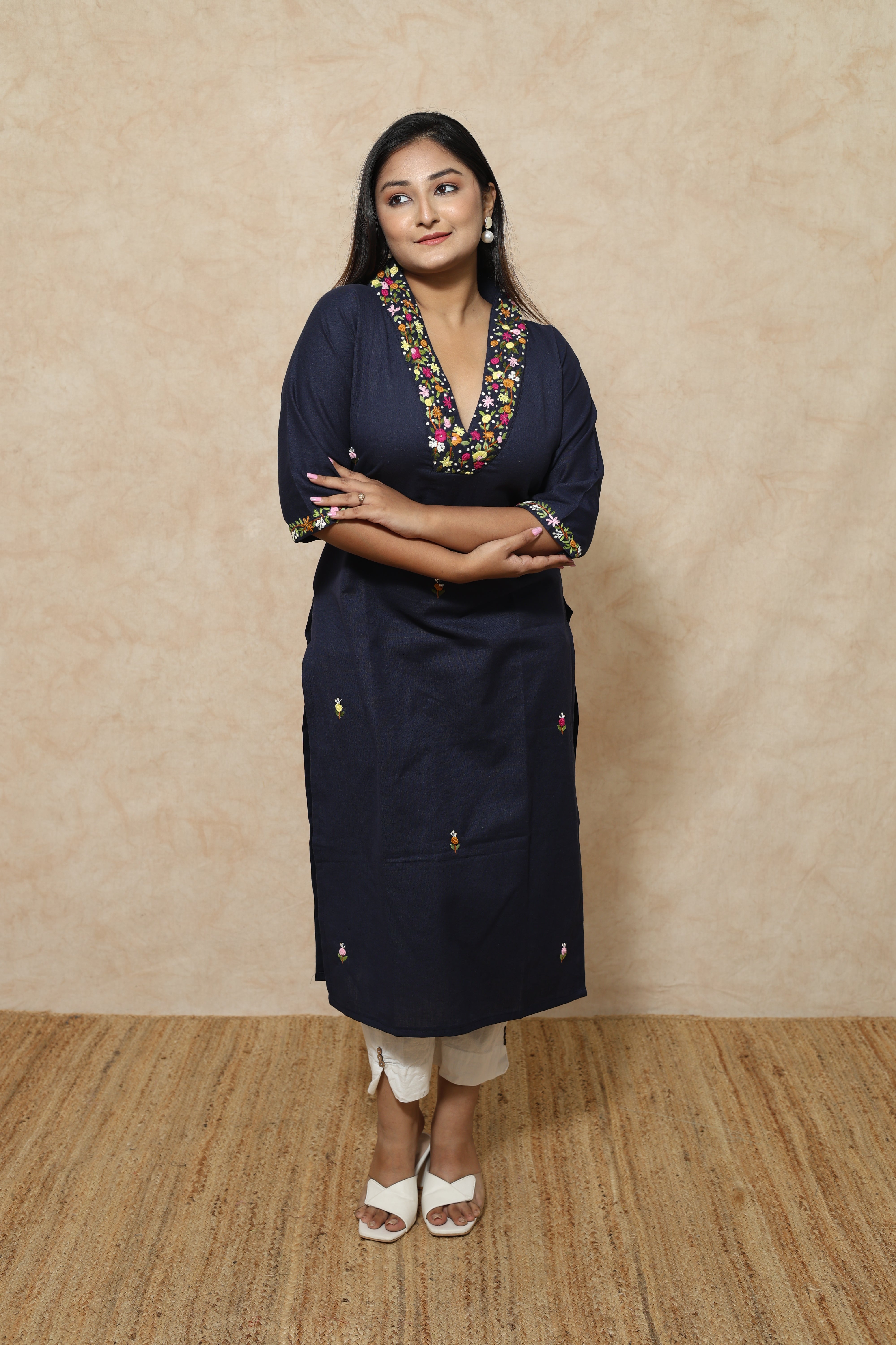 Mid Night Blue Cotton Hand Embroidery Kurta